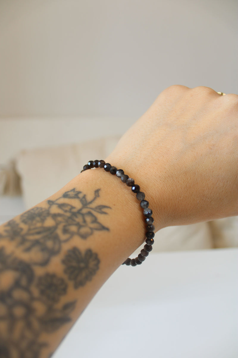 Bracelet | Obsidienne argenté | Facetté | 4mm