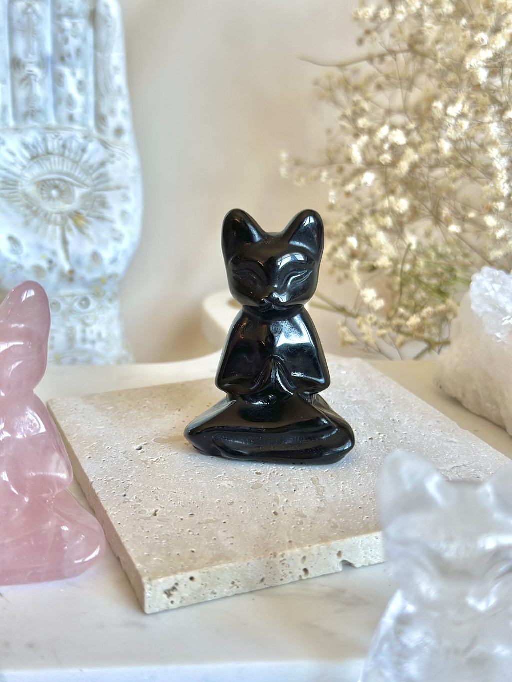 Chat méditatif | Obsidienne - Quartz clair - Quartz