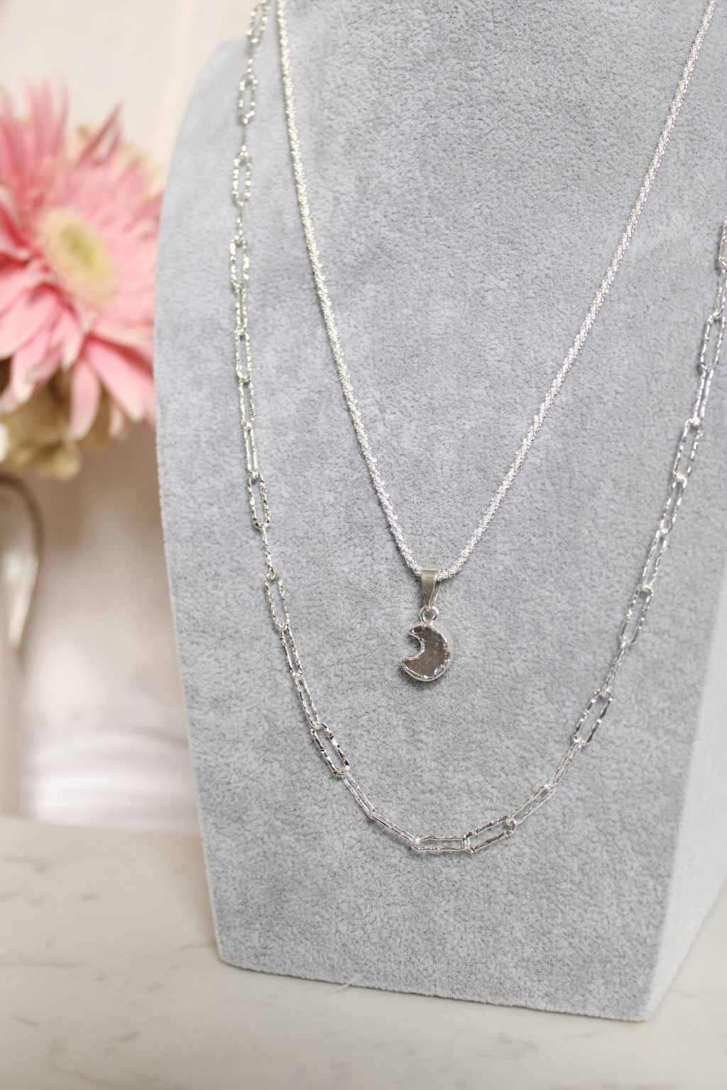 Collier | Chaîne argent double | Lune agate