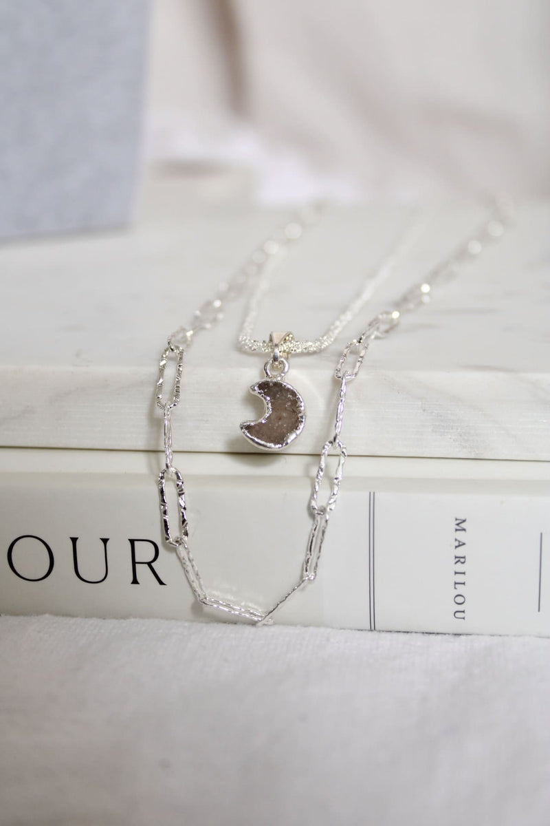 Collier | Chaîne argent double | Lune agate