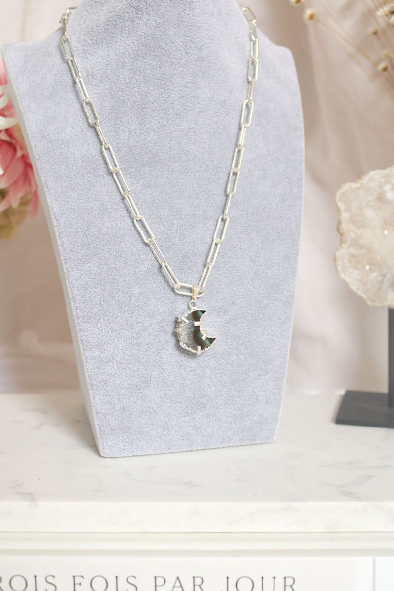 Collier | Chaîne maillons argent | Lune agate mexicaine x améthyste