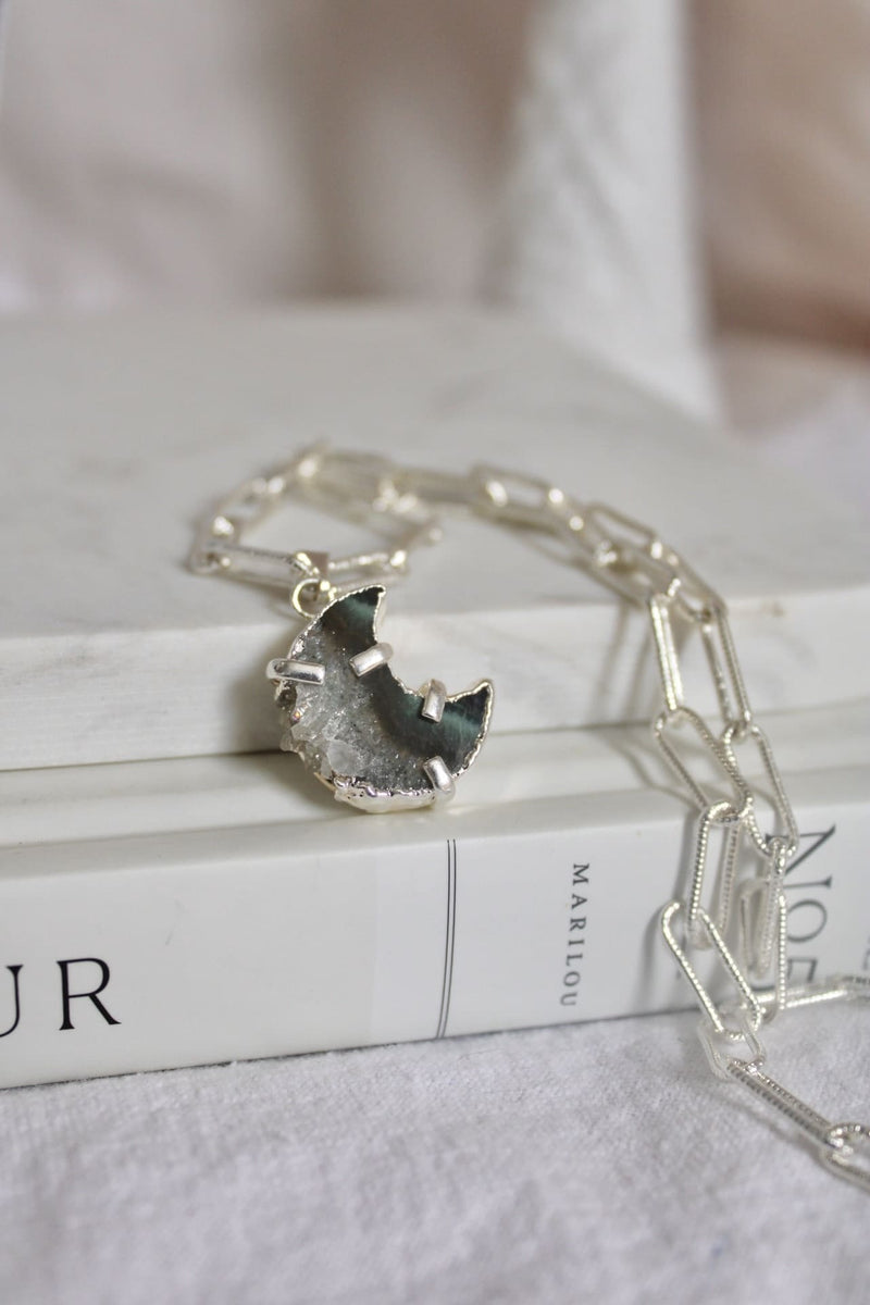 Collier | Chaîne maillons argent | Lune agate mexicaine x améthyste