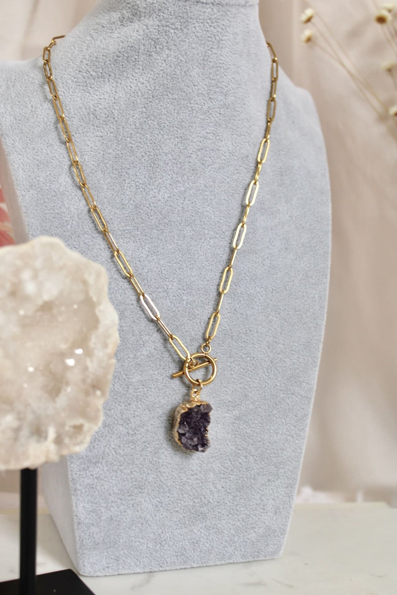 Collier | Chaîne maillons or | Géode d’améthyste